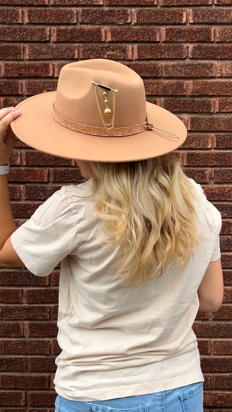 Tan + Tooled Wide Brim Hat